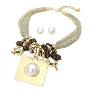 Pearl Accent Hammered Square Multi Charm Gold and Brown Statement Necklace Set